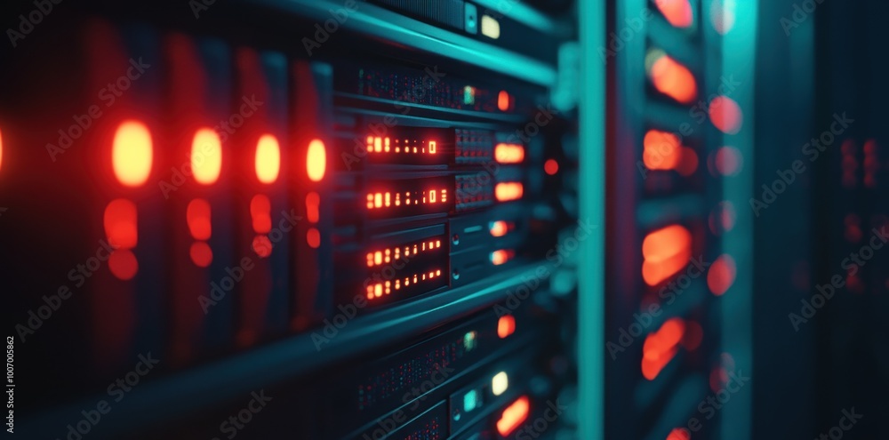 Naklejka premium close-up view on server rack with data and connection lights in dark room background, abstract blurred banner for web design or graphic presentation