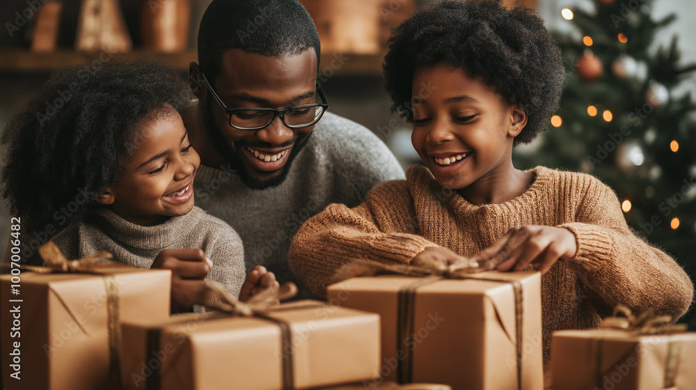 Happy family unwrapping Christmas presents. The atmosphere of Christmas. Happy family unwrapping Christmas presents. The atmosphere of Christmas.