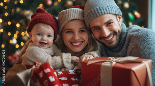 Happy family unwrapping Christmas presents. The atmosphere of Christmas.