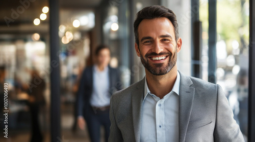 Businessman smiling as he greets clients in a sleek, professional setting, exuding success and positivity