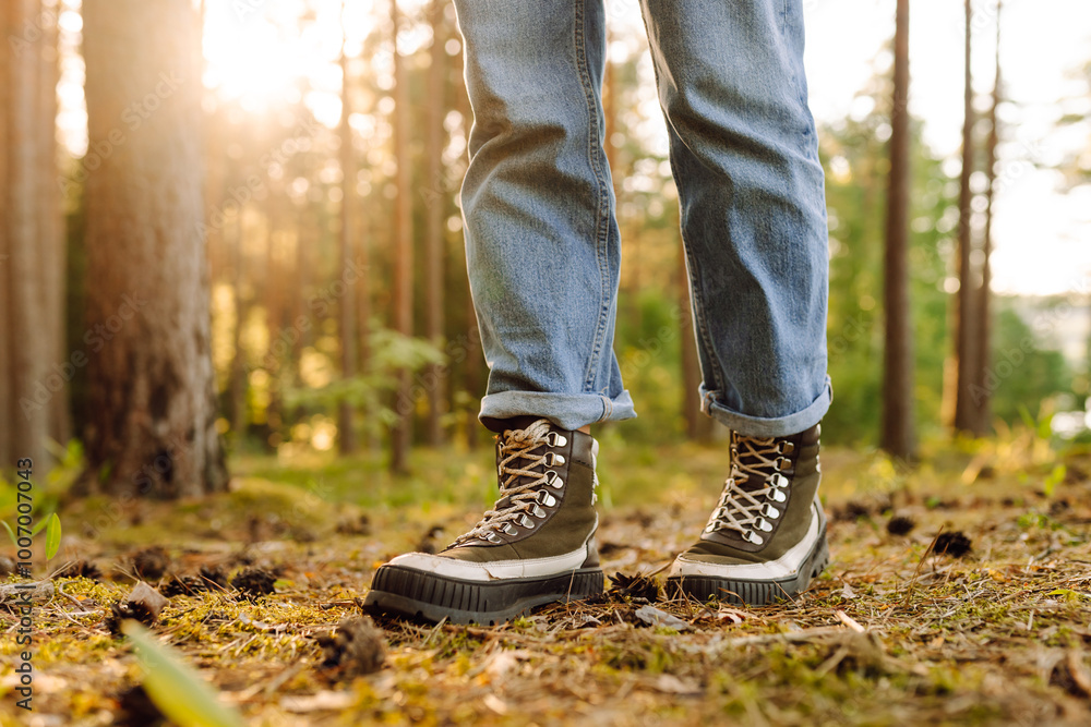Hiker's boots stepping on a blanket of fallen autumnal orange leaves in the forest. Travel, Hikking. Hiker's boots stepping on a blanket of fallen autumnal orange leaves in the forest. Travel, Hikking.