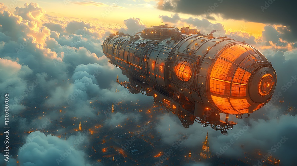 A futuristic airship flies over a city at sunset, with clouds and lights below. A futuristic airship flies over a city at sunset, with clouds and lights below.