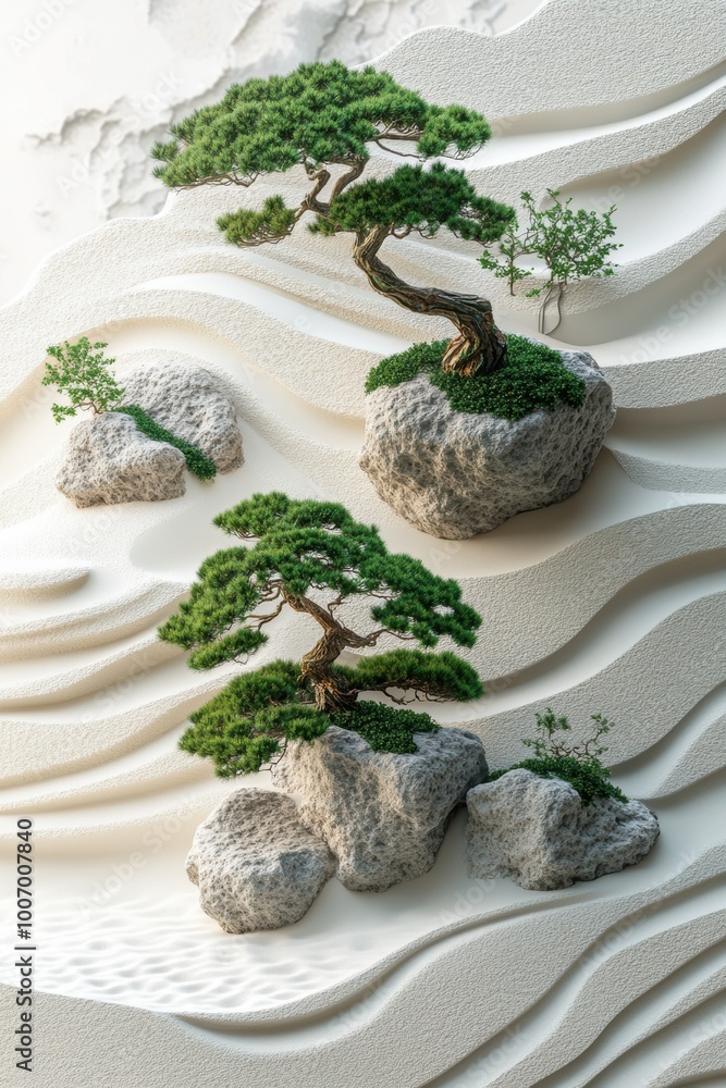 serene zen garden with minimalist rocks, raked sand, and lush bonsai trees for a calming atmosphere serene zen garden with minimalist rocks, raked sand, and lush bonsai trees for a calming atmosphere