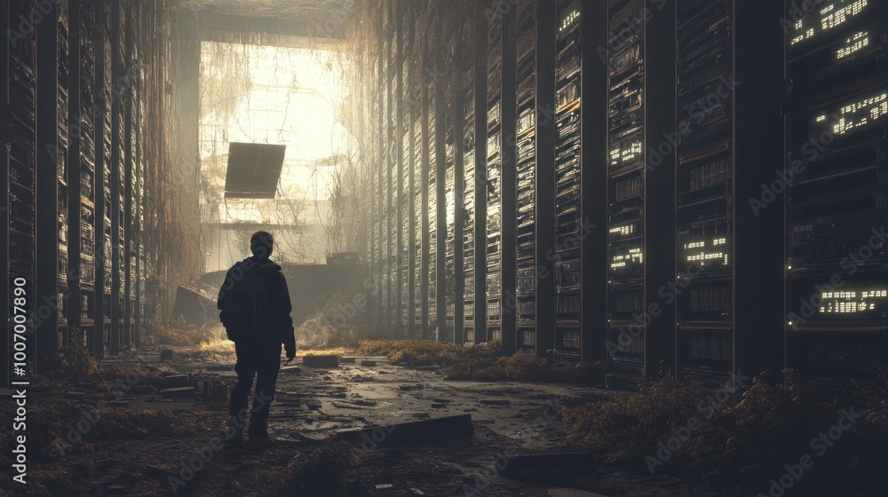A lone figure walks through a decaying server room filled with overgrown vegetation. A lone figure walks through a decaying server room filled with overgrown vegetation.
