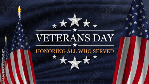 Veterans Day with national flag of United states. American flag and text on stars background for veterans day. Vector illustration.