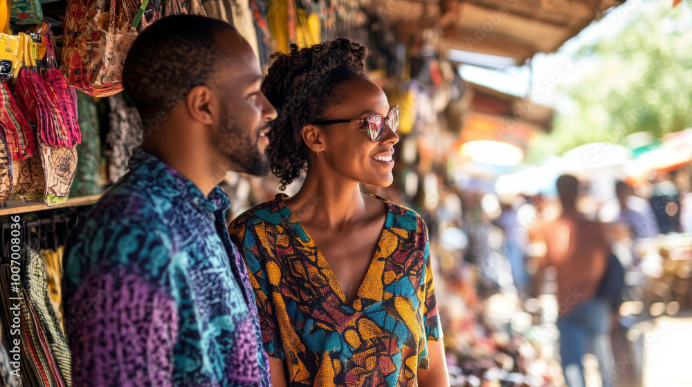 Couple shopping together at a bustling marketplace, searching for unique items to add to their collection Couple shopping together at a bustling marketplace, searching for unique items to add to their collection