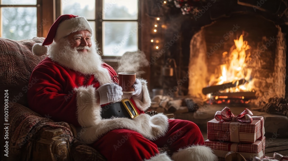 Santa Claus enjoying a warm drink by the cozy fireplace with wrapped Christmas gifts and a beautifully decorated tree in the background Santa Claus enjoying a warm drink by the cozy fireplace with wrapped Christmas gifts and a beautifully decorated tree in the background