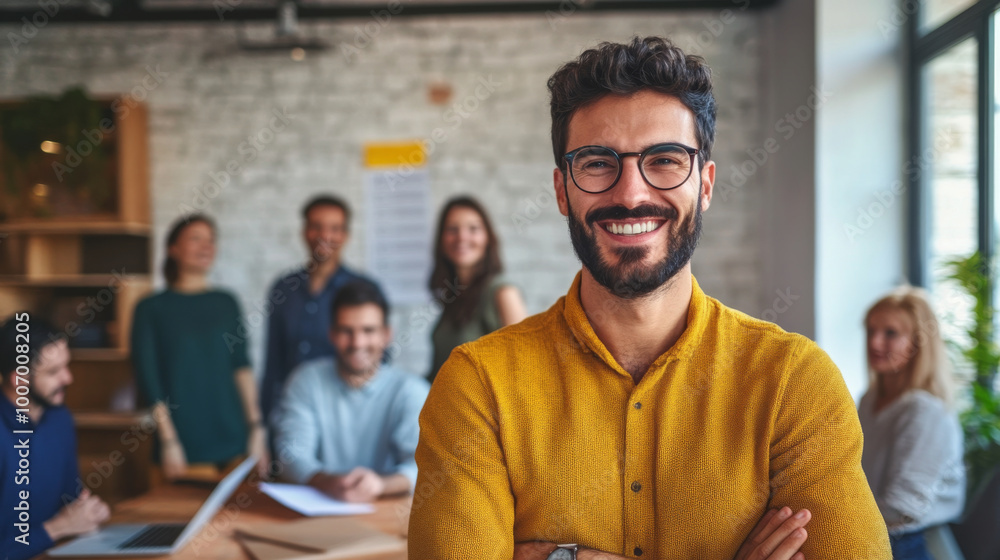 Entrepreneur smiling confidently as they present a new business idea to investors, with a vibrant team behind them Entrepreneur smiling confidently as they present a new business idea to investors, with a vibrant team behind them