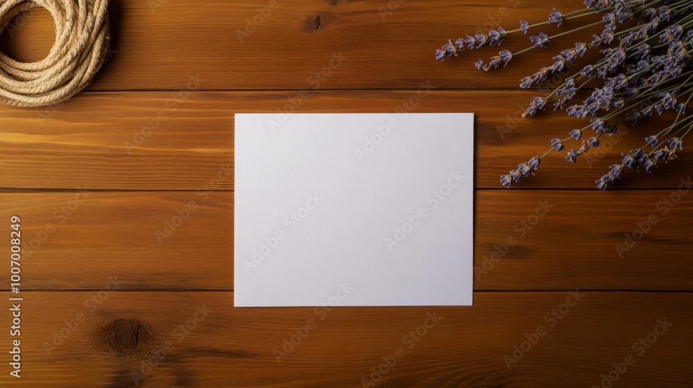 A blank white card lies elegantly on a rustic wooden table, accompanied by dried lavender and natural rope, illuminated with soft, natural lighting for a serene atmosphere A blank white card lies elegantly on a rustic wooden table, accompanied by dried lavender and natural rope, illuminated with soft, natural lighting for a serene atmosphere