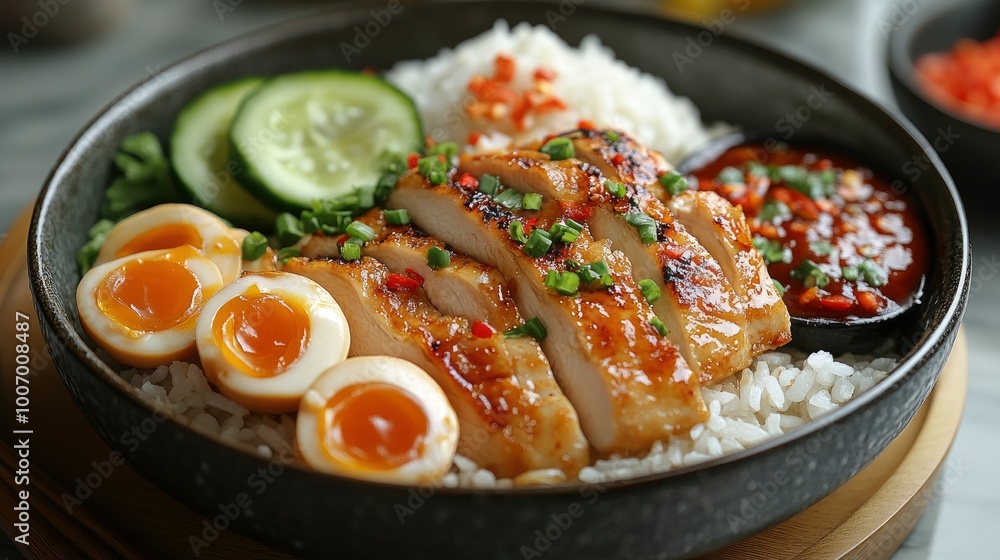 Grilled Chicken with Rice, Soft-Boiled Eggs, and Spicy Chili Sauce Grilled Chicken with Rice, Soft-Boiled Eggs, and Spicy Chili Sauce