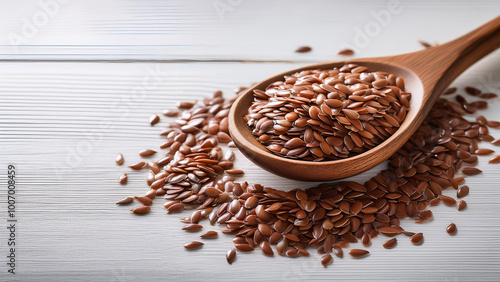 Sementes de linhaça marrom em uma  colher sobre fundo branco. Madeira, alimentos, talheres, alimentação saudável.  photo