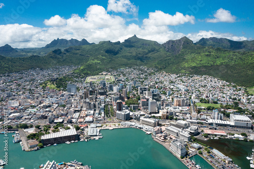 Aerial view: Waterfront of Port Louis, Mauritius island