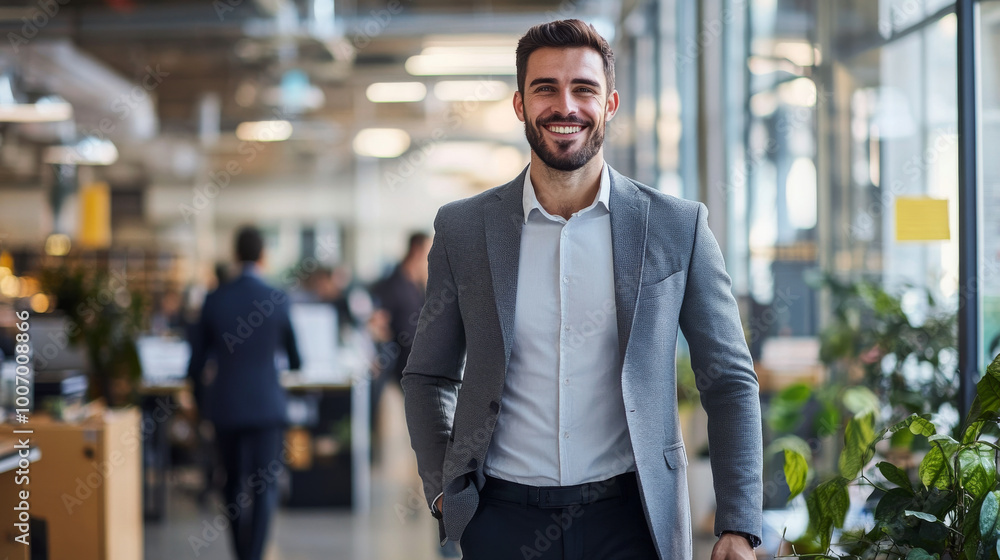 Happy businessman walking through a bustling office, interacting with employees and smiling as he oversees his successful business Happy businessman walking through a bustling office, interacting with employees and smiling as he oversees his successful business
