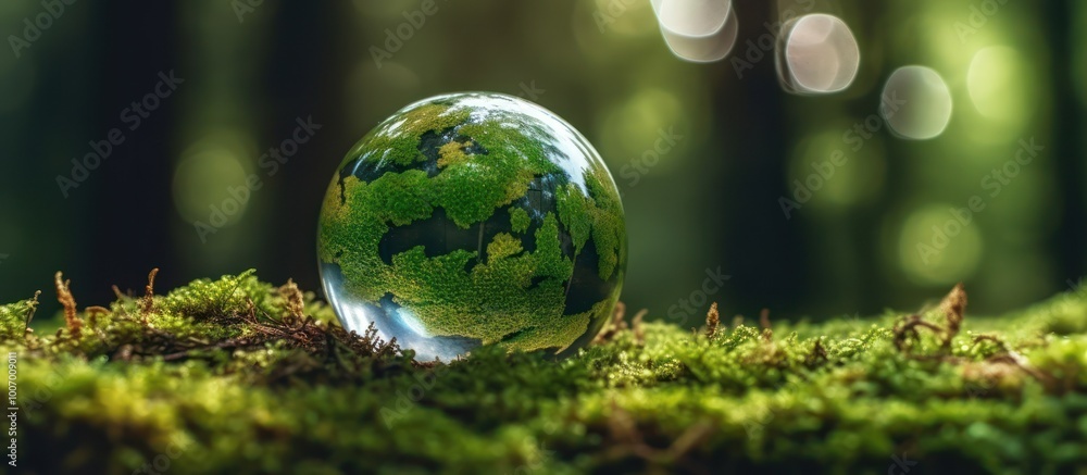 Glass Globe on Mossy Ground with a Blurred Forest Background Glass Globe on Mossy Ground with a Blurred Forest Background