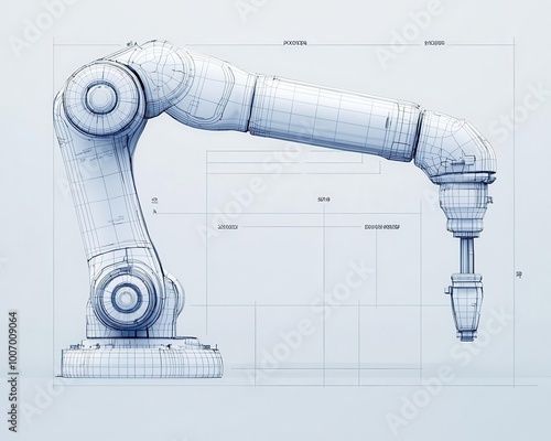 3D model of a mechanical arm with annotations showing its degrees of freedom and movement range, mechanical arms, kinematics photo