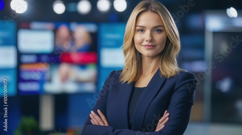 Professional female news anchor standing in a modern television studio, confidently presenting the latest updates with focus and clarity.