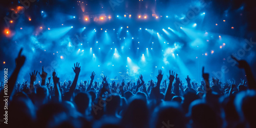 Wallpaper Mural A vibrant concert scene with an audience of people cheering and waving their hands in the air, illuminated by blue stage lights, creating a lively atmosphere.  Torontodigital.ca