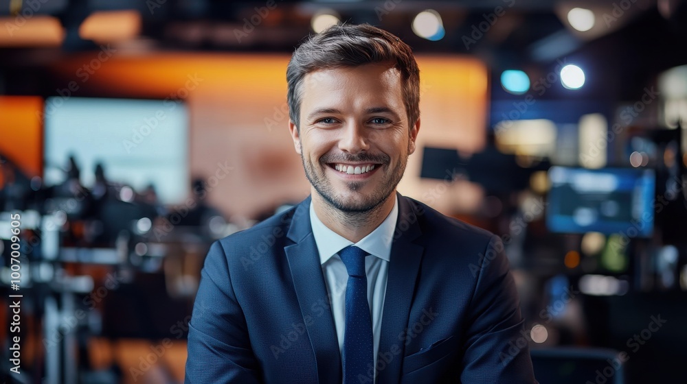 Confident male news anchor in a professional studio setting with vibrant background and camera equipment for media production Confident male news anchor in a professional studio setting with vibrant background and camera equipment for media production