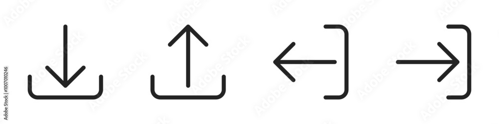 Download, exit, upload and login lined black isolated illustration set for UI. Vector icons in flat style Download, exit, upload and login lined black isolated illustration set for UI. Vector icons in flat style