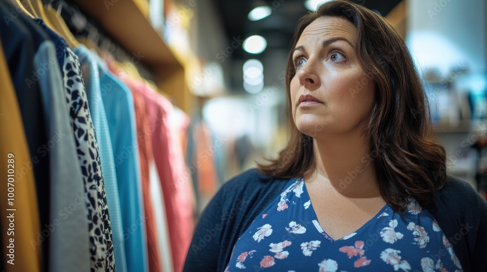 Thoughtful woman in clothing store shopping for fashion with contemplation while examining apparel selection Thoughtful woman in clothing store shopping for fashion with contemplation while examining apparel selection