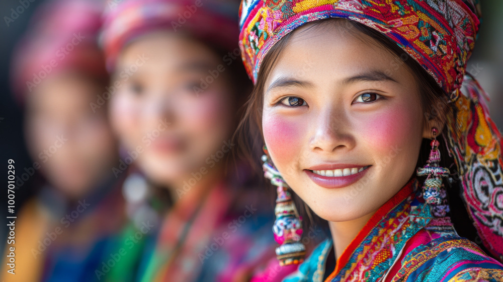 Portrait of ethnic minority women in northern Vietnam wearing traditional, colorful clothing and intricate handmade accessories Portrait of ethnic minority women in northern Vietnam wearing traditional, colorful clothing and intricate handmade accessories