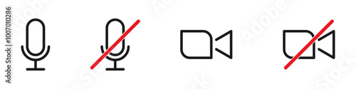 Turn off and turn on microphone with audio and camera with video isolated set. Vector icons in flat style