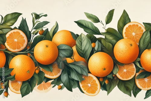 fruit border pattern, seamless tangerine harvest border design with clusters of oranges and leaves for a decorative pattern