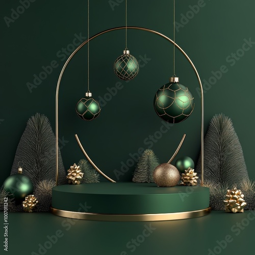 3d render of Christmas background with green podium and gold decorations. photo