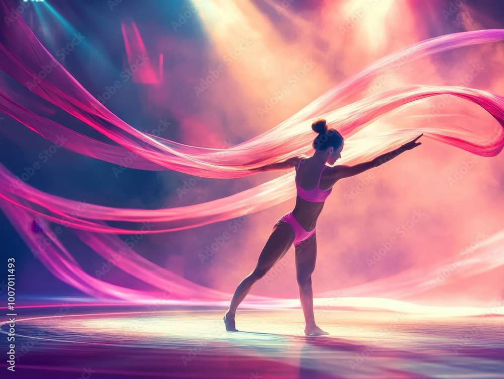 Dancer gracefully twirls vibrant silks under mesmerizing colored lights at a theatrical performance Dancer gracefully twirls vibrant silks under mesmerizing colored lights at a theatrical performance