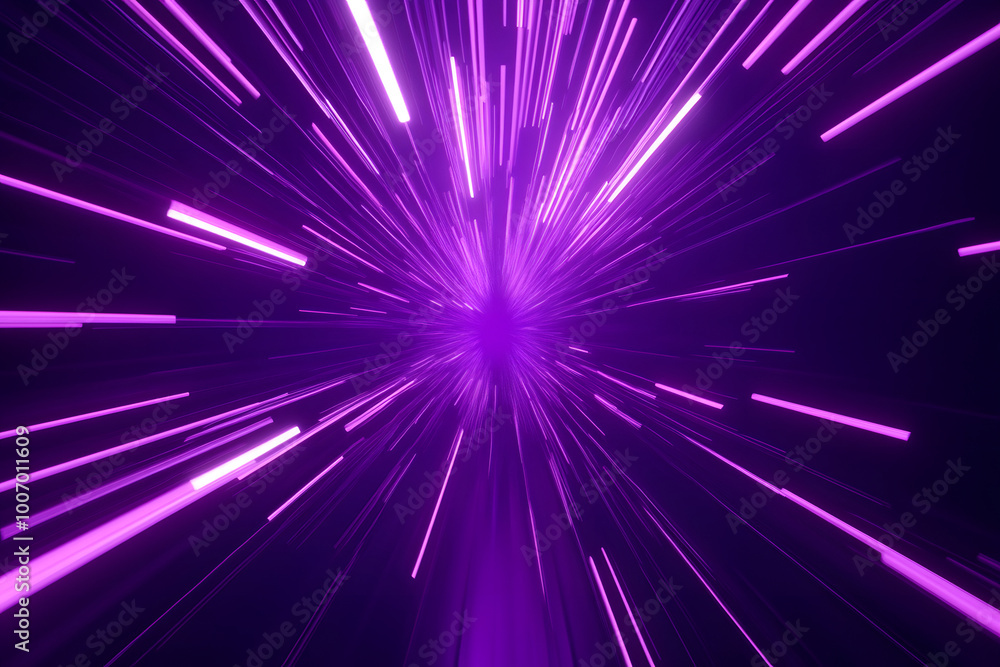 Purple neon light streaks from the center on a dark background Purple neon light streaks from the center on a dark background