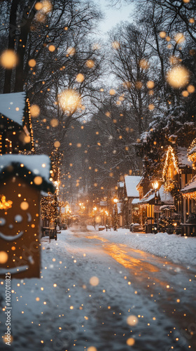 snowy village scene at dusk...