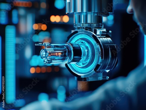 Engineers analyzing the internal mechanics of a complex robotic arm, robotics, mechanical engineering photo