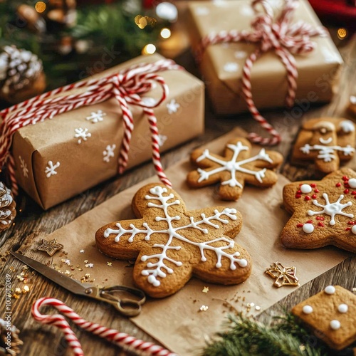 A creative DIY scene featuring gingerbread cookies being decorated as Christmas ornaments with ribbons and intricate details. Scissors, glitter, and festive wrapping paper complete the holiday craftin photo