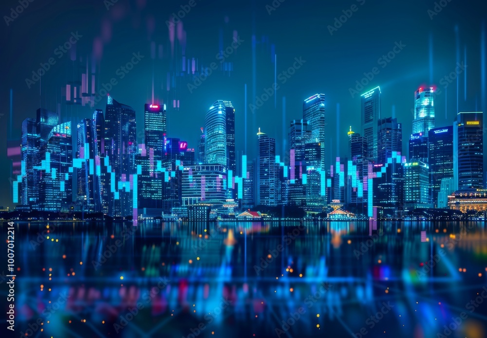 A dynamic stock market graph in digital blue, with the Singapore skyline in the background, representing innovation and growth in financial technology. The city lights reflect off buildings across Asi A dynamic stock market graph in digital blue, with the Singapore skyline in the background, representing innovation and growth in financial technology. The city lights reflect off buildings across Asi