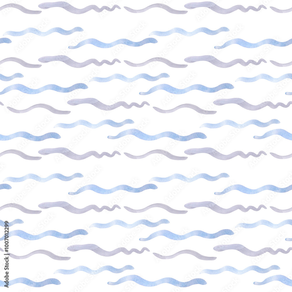 Fototapeta premium Horizontal ripples blue lines in watercolor seamless pattern isolated. Wave simple texture in cartoon style for kids design. Curvy lines pale blue hand drawn repeated marine background for design.