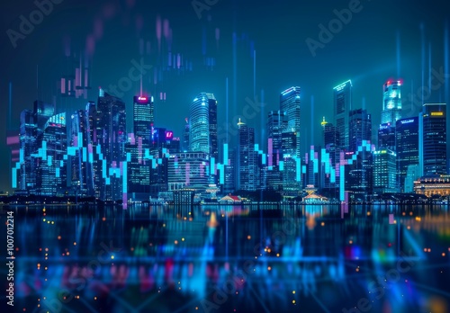 A dynamic stock market graph in digital blue, with the Singapore skyline in the background, representing innovation and growth in financial technology. The city lights reflect off buildings across Asi photo