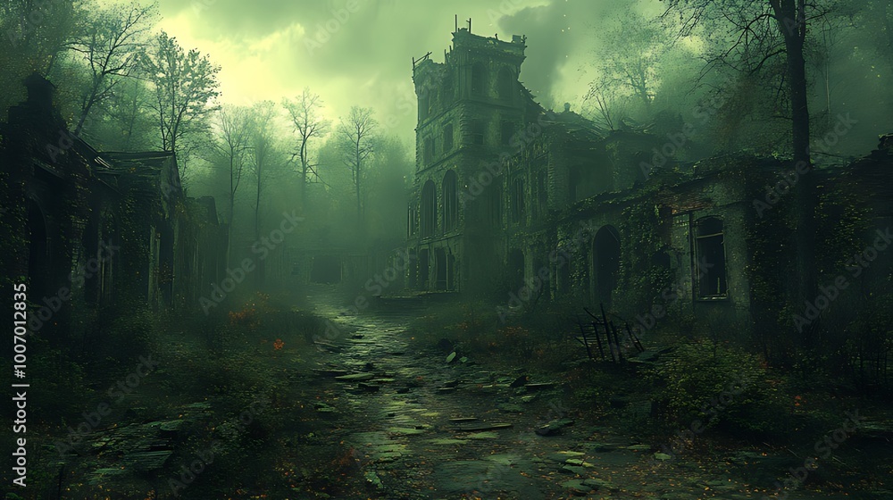 A crumbling, abandoned mansion stands shrouded in fog amidst overgrown vegetation, creating an eerie and mysterious atmosphere. A crumbling, abandoned mansion stands shrouded in fog amidst overgrown vegetation, creating an eerie and mysterious atmosphere.