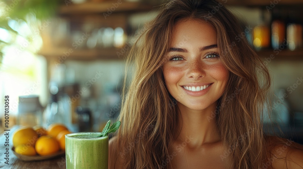 Young Woman with Green Smoothie Smiling in Cafe Young Woman with Green Smoothie Smiling in Cafe