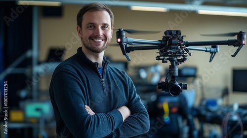 Smiling drone pilot in a modern workspace showcasing advanced drone technology