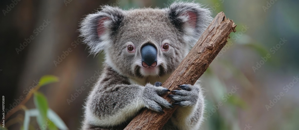Fototapeta premium A cute koala bear holding onto a tree branch with its paws.