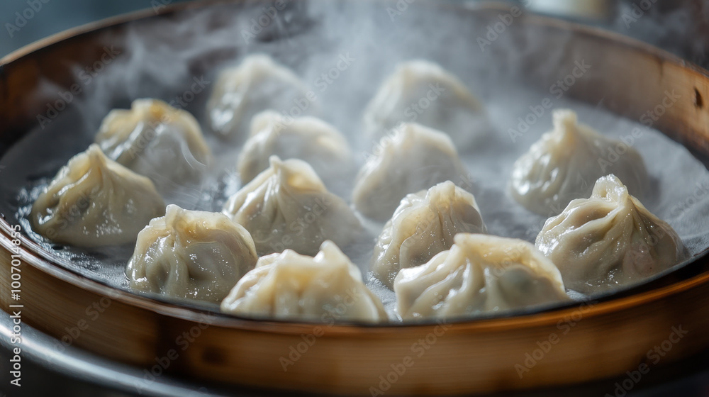A close-up of Tibetan momos being steamed, their delicate folds and savory filling tempting the appetite A close-up of Tibetan momos being steamed, their delicate folds and savory filling tempting the appetite