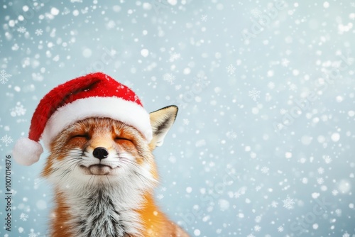 Anthropomorphic squinting red fox among the falling snowflakes, wearing Santa Claus hat. Cute and funny Christmas theme with pastel background.