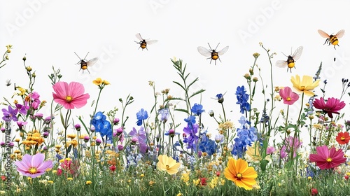 Colorful Floral Field with Bees in a Bright Setting