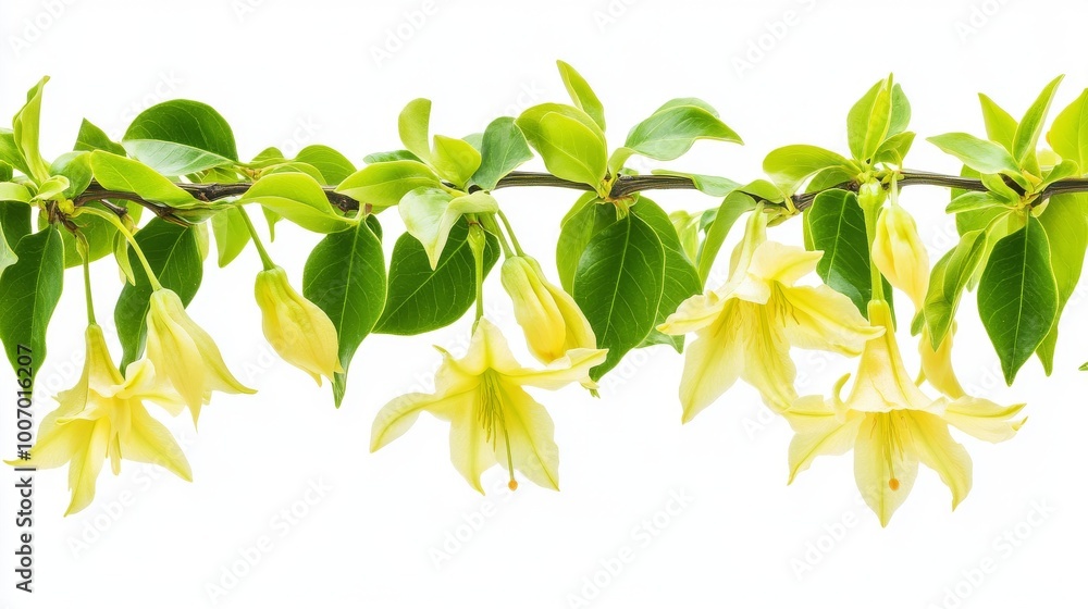 Obraz premium A beautiful ylang-ylang flower vine with fragrant blossoms, isolated against a white backdrop.