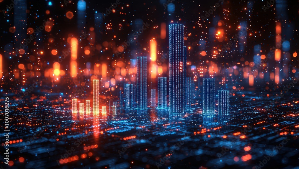 A digital background featuring blue glowing bar graphs and coins, representing the concept of financial growth in business or stock market trading with digital currency. A digital background featuring blue glowing bar graphs and coins, representing the concept of financial growth in business or stock market trading with digital currency.