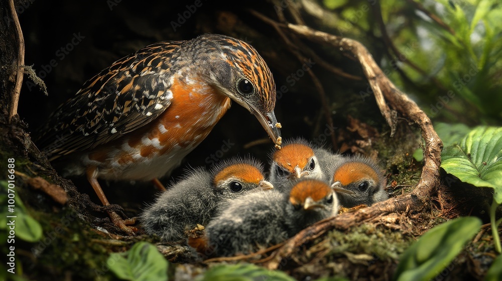 A bird parent searching for food to feed its chicks. A bird parent searching for food to feed its chicks.