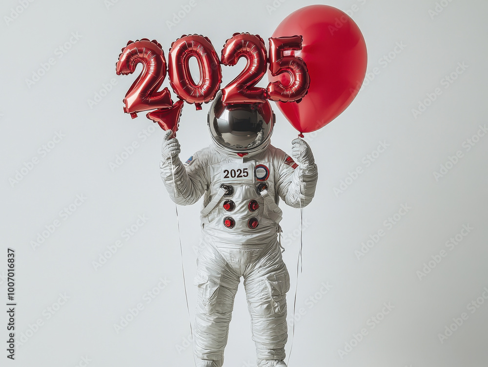 An astronaut holds festive balloons celebrating the arrival of the year 2025 in a cheerful setting An astronaut holds festive balloons celebrating the arrival of the year 2025 in a cheerful setting