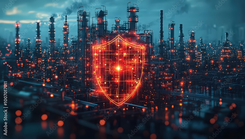 Fototapeta premium A double exposure of an industrial oil and gas plant with the silhouette of a shield, creating a sense of security in its protection against cyber attacks. 