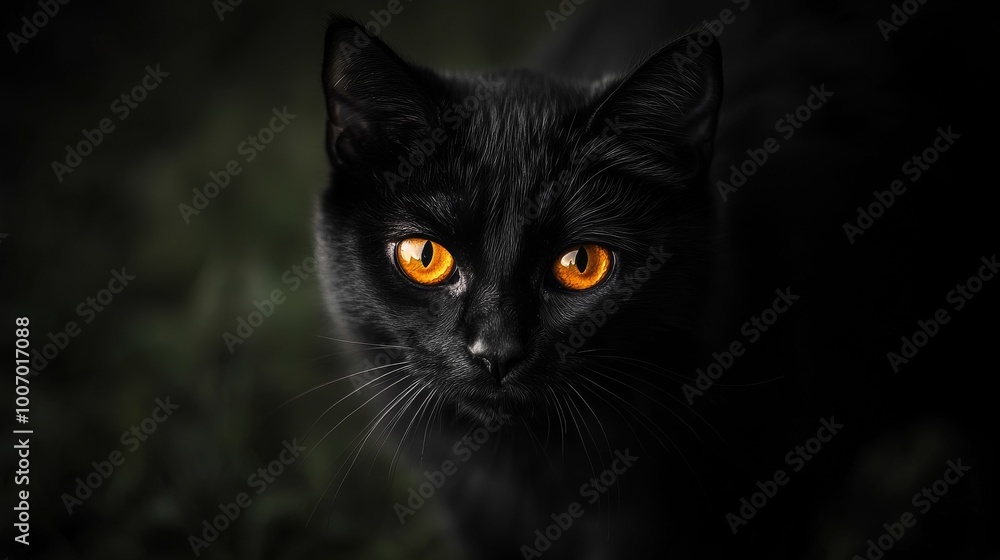 A black cat with shiny eyes stalks in the darkness. It's a hunter, ready for Halloween. The cat stares directly at the camera. A black cat with shiny eyes stalks in the darkness. It's a hunter, ready for Halloween. The cat stares directly at the camera.