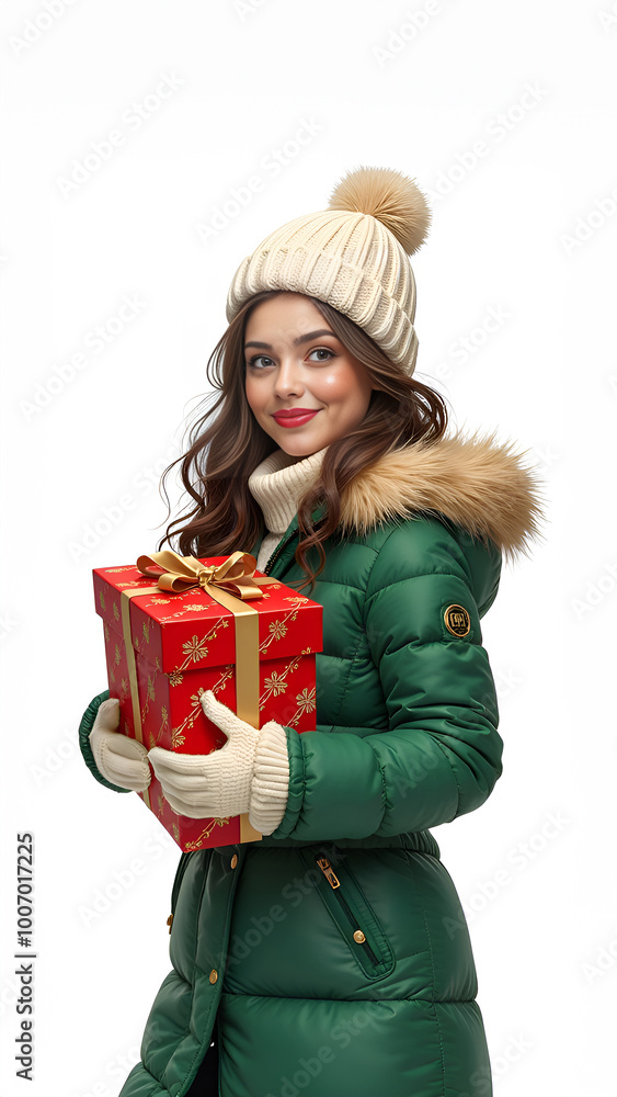 Young woman in winter attire holding a red gift box with a golden ribbon. Young woman in winter attire holding a red gift box with a golden ribbon.